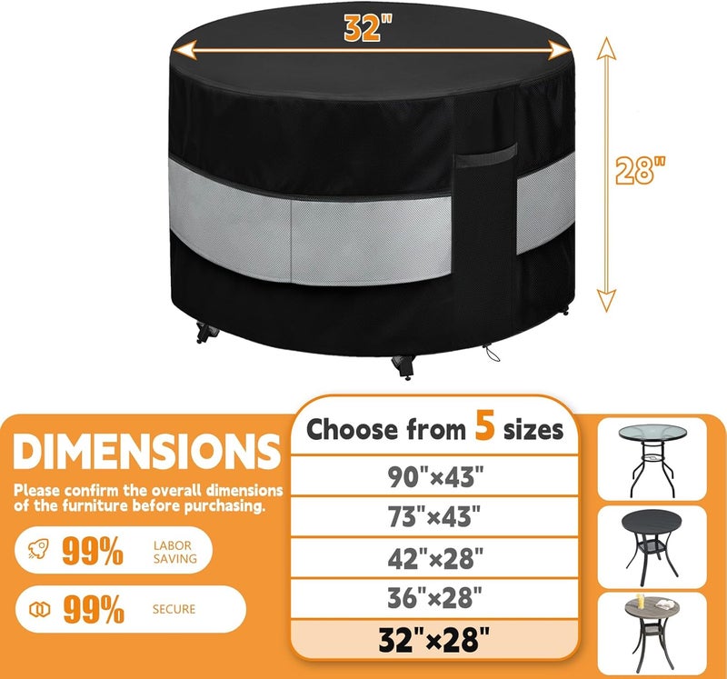 Wnanan Round Patio Furniture Cover Black Grey Waterproof Up to 10000pa for 32 x 28 Inch Outdoor Round Table Covers - Image 2