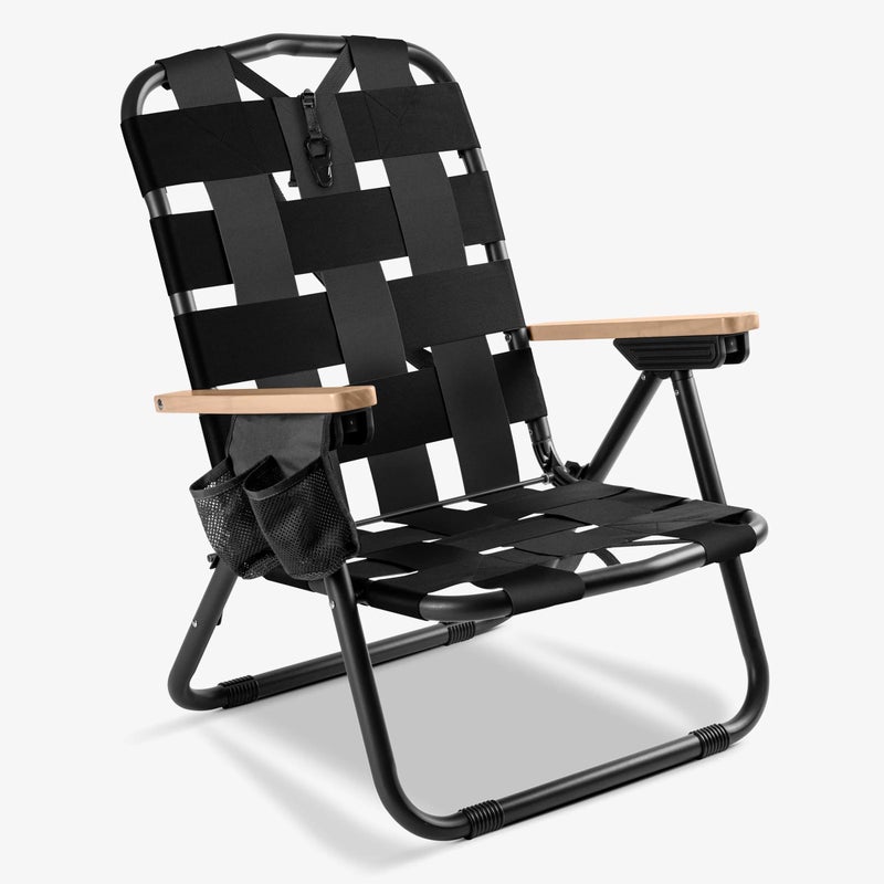 CleverMade Kove Midnight Black Beach Camping Chair, Hands Free Carrying Strap + Real Wood Handles & 2 Cup Holders, Foldable Reclining Low Profile Collapsible Lawn Chair, Holds 300 lbs - Image 1