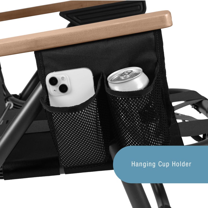 CleverMade Kove Midnight Black Beach Camping Chair, Hands Free Carrying Strap + Real Wood Handles & 2 Cup Holders, Foldable Reclining Low Profile Collapsible Lawn Chair, Holds 300 lbs - Image 3