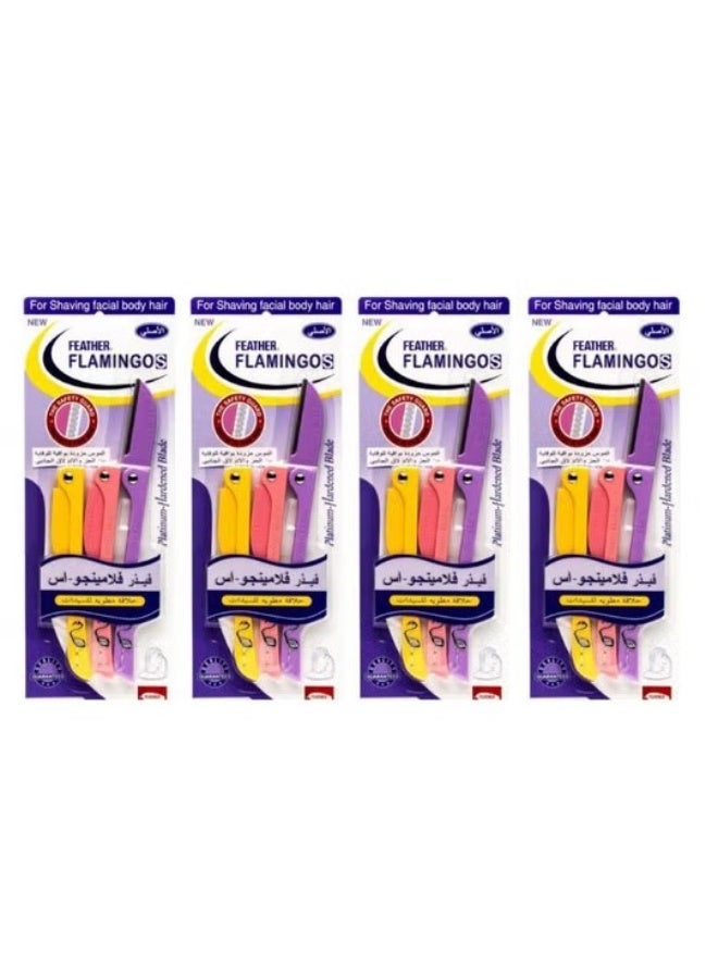 Feather Flamingos 4Pcs Flamingos Ladies Razor 3-Piece For Facial And Body Hair Yellow/Pink/Purple - Image 1