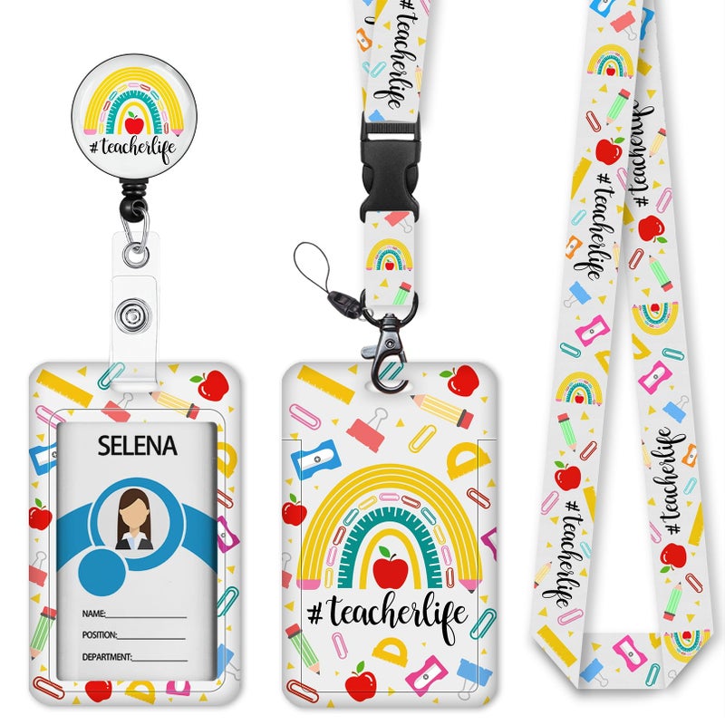 Mcapirivo Rainbow Teacher Badge Holder with Retractable Lanyard, Lanyards for ID Badges Name Tags Vertical Card Holder, Breakaway Lanyard Badge Reel Retractable, Teacher Nurse Workers Women Office Gifts - Image 1