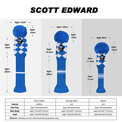 Scott Edward Knit Golf Head Covers 4 Pieces Pack Fit Over Well Driver Wood(460cc) Fairway Wood*2 and Hybrid(UT) with Rotating Number Tags (Blue White Argyles) - Image 3