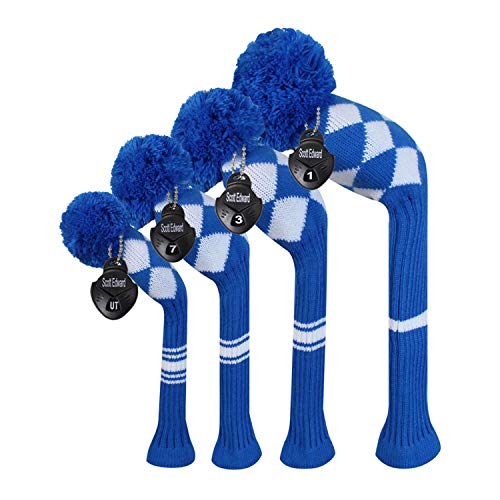Scott Edward Knit Golf Head Covers 4 Pieces Pack Fit Over Well Driver Wood(460cc) Fairway Wood*2 and Hybrid(UT) with Rotating Number Tags (Blue White Argyles) - Image 1