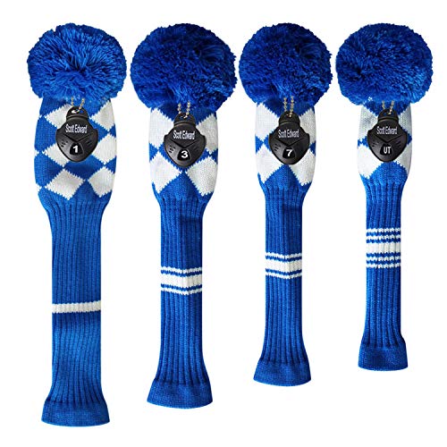 Scott Edward Knit Golf Head Covers 4 Pieces Pack Fit Over Well Driver Wood(460cc) Fairway Wood*2 and Hybrid(UT) with Rotating Number Tags (Blue White Argyles) - Image 2