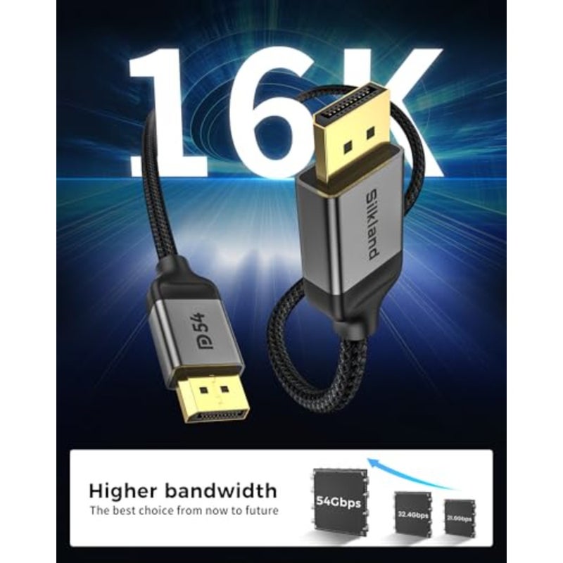 كابل شاشة الألعاب: DisplayPort 2.1، معتمد من VESA، 54 جيجابت في الثانية، 8K@120 هرتز/4K@540 هرتز، HDR10، G-Sync FreeSync، DSC 1.2a، أسود، نايلون مجدول - Image 3