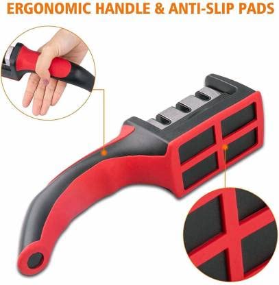Peyx 3 Stage Manual System Knife Sharpener with AntiSlip Rubber Base for Grip Three Slots Handle Knife Sharpener Tool with Removable Head GrinderBlack Red - Image 3