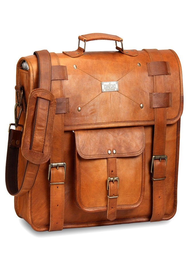 HULSH Spacious Tan Leather Messenger Bag for Men, Large, 17 Inch Laptop, Vintage Look, Handmade, 3 Sections, 5 Liters, 5 Pockets, TSA Compliant - Image 1