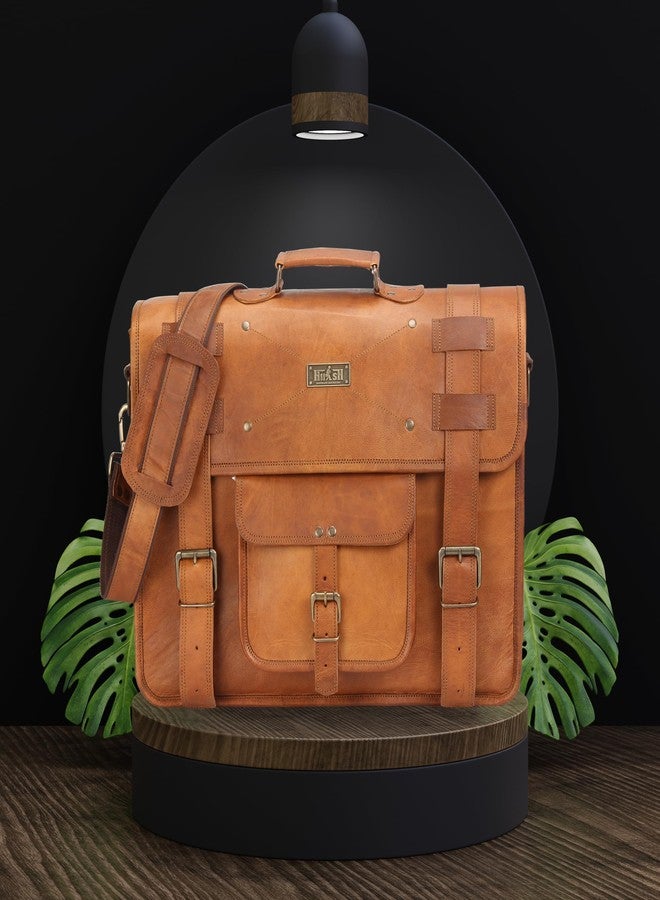 HULSH Spacious Tan Leather Messenger Bag for Men, Large, 17 Inch Laptop, Vintage Look, Handmade, 3 Sections, 5 Liters, 5 Pockets, TSA Compliant - Image 3
