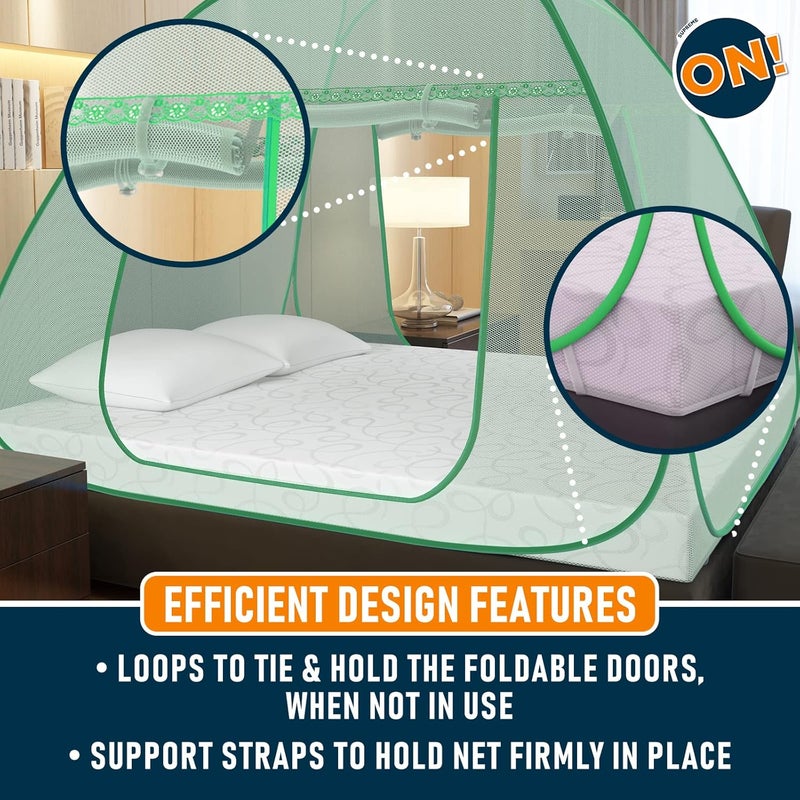 KOLAR Supreme On Green Double Bed Mosquito Net KingSize 65 Feet X 65 Feet Premium Green Machardani Strong and Durable Tent Type Foldable Corrosion Resistant 200 Cm X 200 Cm X 140 Cm - Image 5