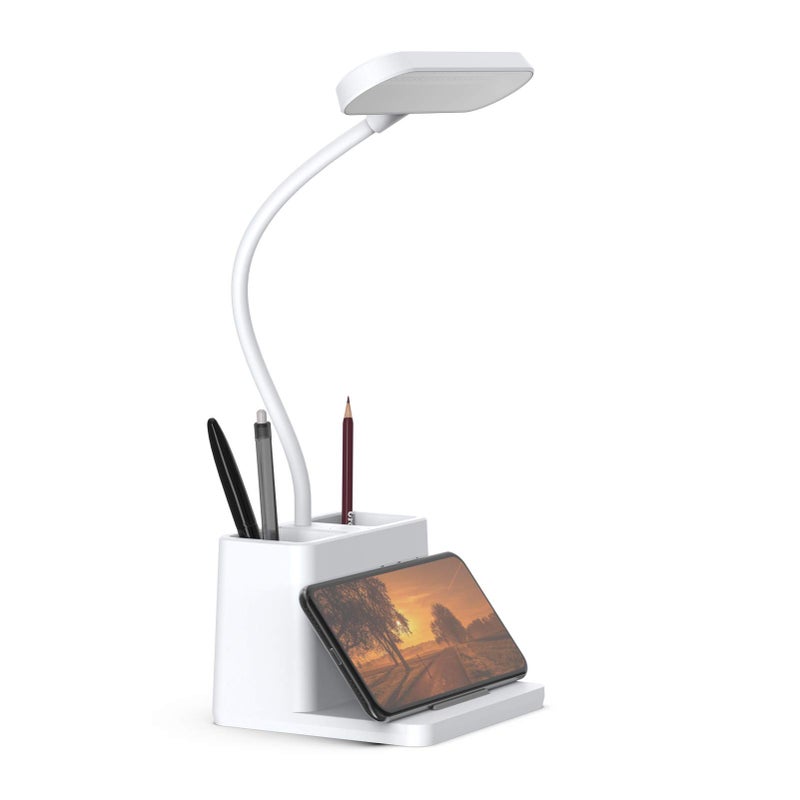 AXX Rechargeable Small Desk Lamp for Home Office Bedroom, Study Table Light for Kids Teens, White, LED, Pen Holder, Mini, Gooseneck, College Dorm Room Lighting for Computer Keyboard Desktop Task - Image 1