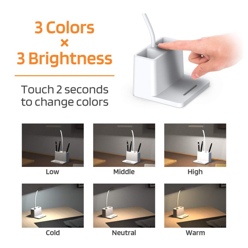 AXX Rechargeable Small Desk Lamp for Home Office Bedroom, Study Table Light for Kids Teens, White, LED, Pen Holder, Mini, Gooseneck, College Dorm Room Lighting for Computer Keyboard Desktop Task - Image 3