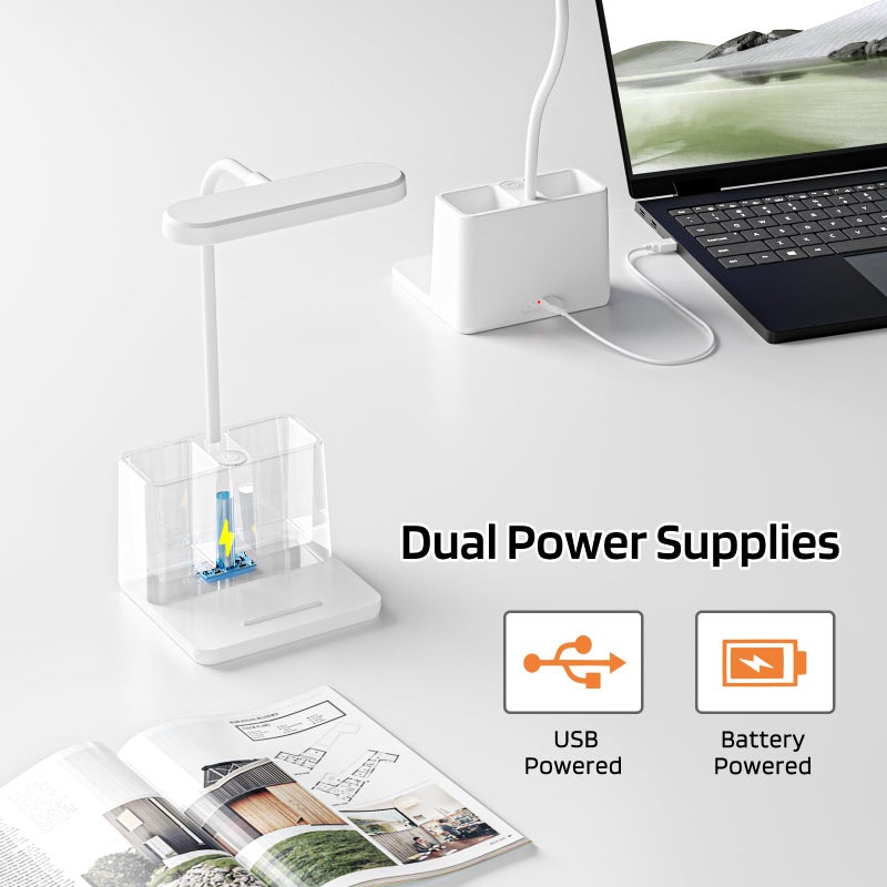AXX Rechargeable Small Desk Lamp for Home Office Bedroom, Study Table Light for Kids Teens, White, LED, Pen Holder, Mini, Gooseneck, College Dorm Room Lighting for Computer Keyboard Desktop Task - Image 5