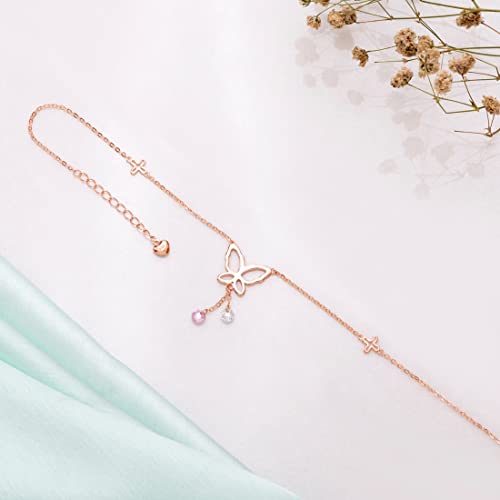 ZAVYA 925 Sterling Silver Butterfly with Pink & White Drops Rose Gold Plating Anklet (Pair) | Gift for Women & Girls | With Certificate of Authenticity & 925 Hallmark | Gift for Women & Girls - Image 3