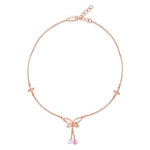ZAVYA 925 Sterling Silver Butterfly with Pink & White Drops Rose Gold Plating Anklet (Pair) | Gift for Women & Girls | With Certificate of Authenticity & 925 Hallmark | Gift for Women & Girls - Image 1