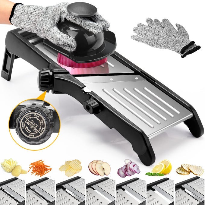 MANDOLINE FOOD SLICER FOR KITCHEN ADJUSTABLE STAINLESS STEEL MANDOLINE VEGETABLE SLICER FOOD SLICER ONION POTATO CHIP FRENCH FRY 7 IN1 ADJUSTABLE BLADE INCLUDING 1 PAIR CUTRESISTANT GLOVES