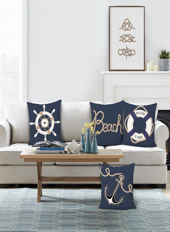 Bonhause Nautical Pillow Covers 18 x 18 Inch Set of 4 Anchor Marine Denim Navy Blue Decorative Pillows Case Polyester Linen Outdoor Cushion Covers for Couch Sofa Bed Home Decor - Image 4