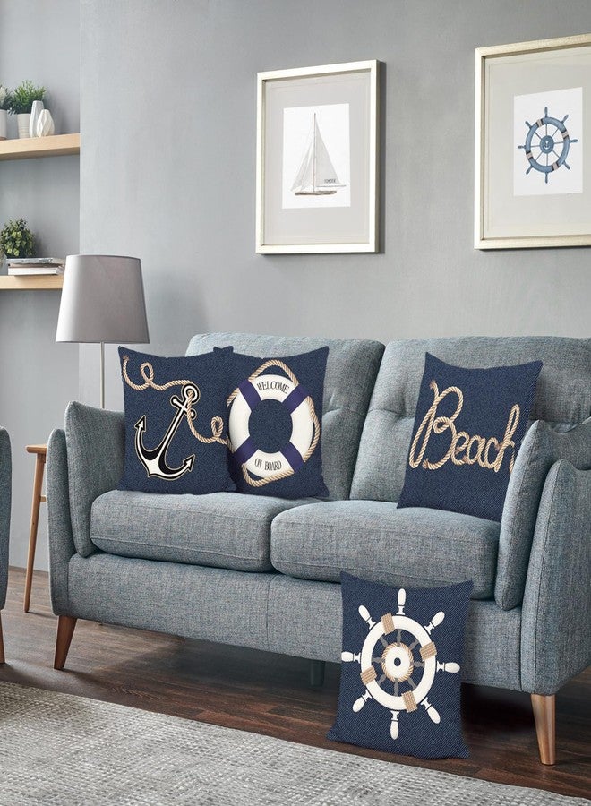 Bonhause Nautical Pillow Covers 18 x 18 Inch Set of 4 Anchor Marine Denim Navy Blue Decorative Pillows Case Polyester Linen Outdoor Cushion Covers for Couch Sofa Bed Home Decor - Image 3