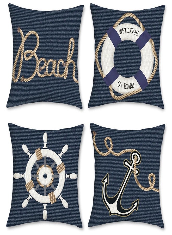 Bonhause Nautical Pillow Covers 18 x 18 Inch Set of 4 Anchor Marine Denim Navy Blue Decorative Pillows Case Polyester Linen Outdoor Cushion Covers for Couch Sofa Bed Home Decor - Image 1