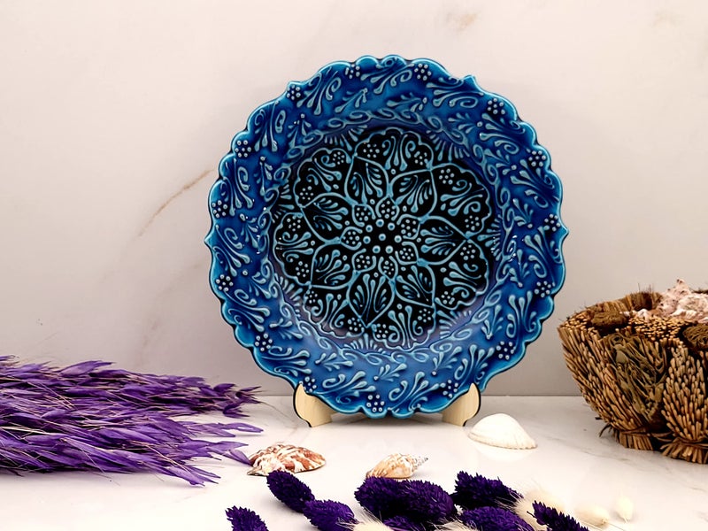 Ayennur Turkish Decorative Plate 9.85"(25cm) Handmade Ceramic Ornament for Home&Office Wall Hanging Decor (Navy Blue) - Image 3