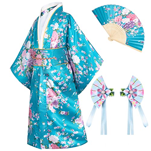 Elibelle Japanese Traditional Dress Kimono Robe for Kids Girls Costume Silk Folding Fans hairstick Set(Blue1Type150cm) - Image 1