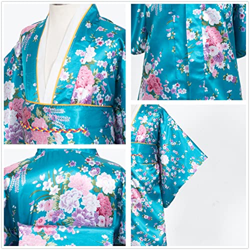 Elibelle Japanese Traditional Dress Kimono Robe for Kids Girls Costume Silk Folding Fans hairstick Set(Blue1Type150cm) - Image 3