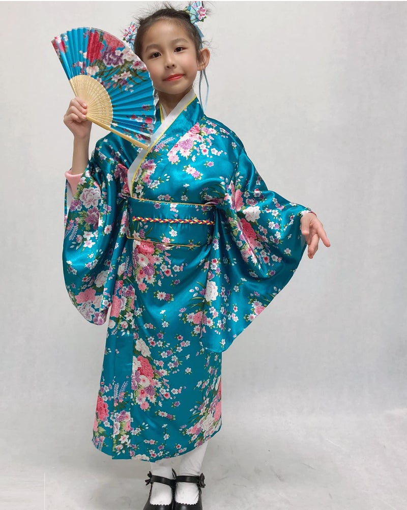 Elibelle Japanese Traditional Dress Kimono Robe for Kids Girls Costume Silk Folding Fans hairstick Set(Blue1Type150cm) - Image 4