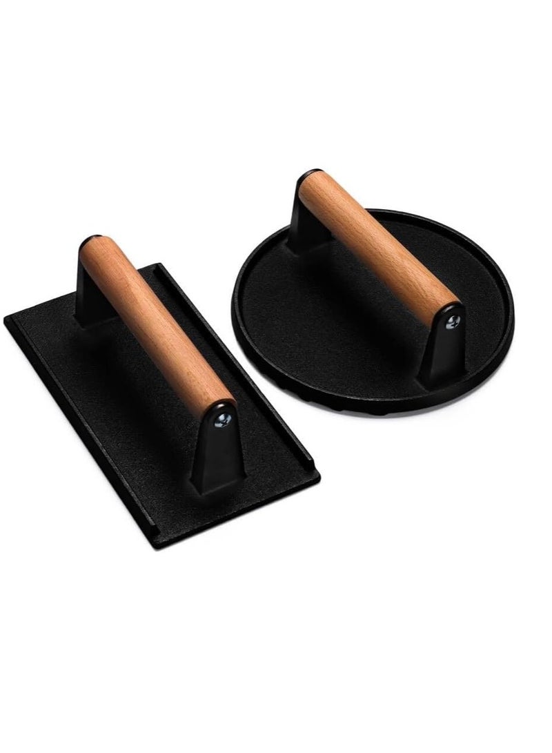 Anmi 7" Round & 8.2"X4.3"Rectangle Heavy-Duty Burger Press with Wood Handle  ，Steak on Griddle & Nonstick Pans - Image 1