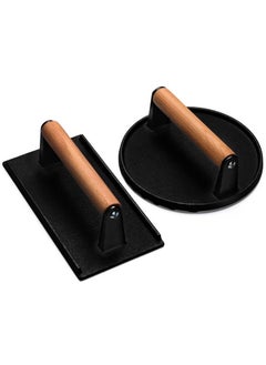 Anmi Burger Press, 7" Round & 8.2"X4.3" Rectangle Heavy-Duty Cast Iron Smash Bacon Press Meat Steak with Wood Handle for Griddle, Sandwich, Nonstick Pan  - Image 1