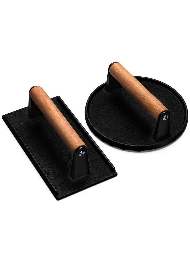 Anmi Burger Press, 7" Round & 8.2"X4.3" Rectangle Heavy-Duty Cast Iron Smash Bacon Press Meat Steak with Wood Handle for Griddle, Sandwich, Nonstick Pan  - Image 1