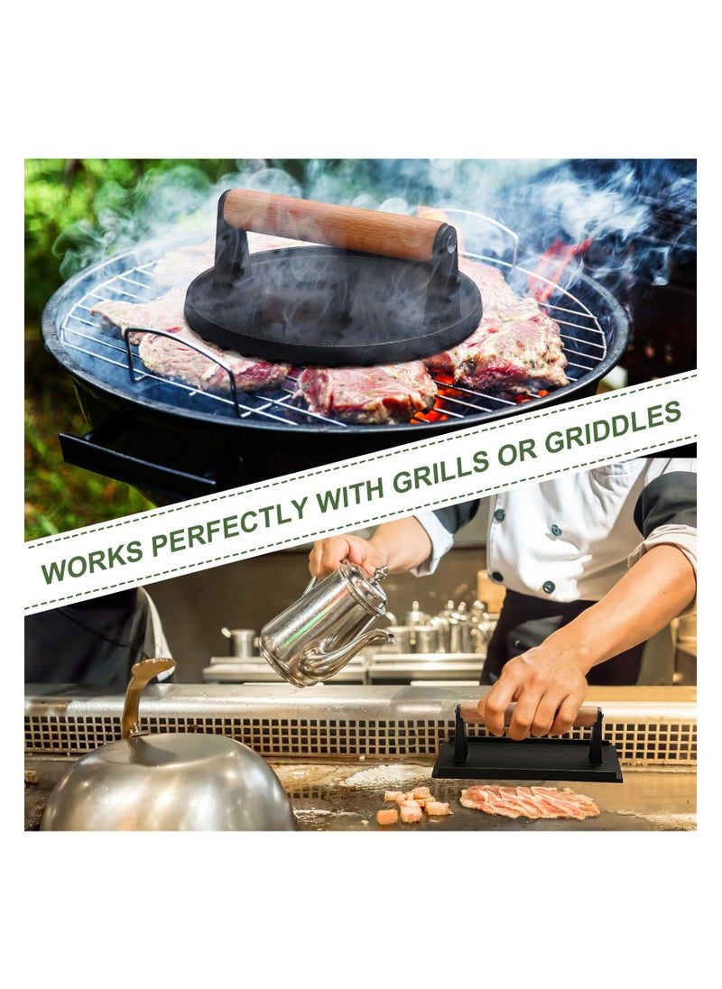Anmi - Burger Press, 7" Round & 8.2"X4.3" Rectangle Heavy-Duty Cast Iron Smash Bacon Press Meat Steak with Wood Handle for Griddle, Sandwich, Nonstick Pan - Image 1
