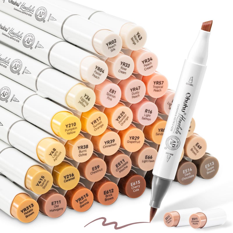 Ohuhu Alcohol Markers Skin Tone Brush Tip -Skin Color Art Marker Set for Artist Adults Coloring Illustration -36 Portrait Colors - Refillable Ink - Brush & Chisel Dual Tips- Honolulu of Ohuhu Markers - Image 1