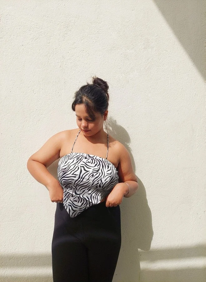 STREET 9 Black & Guyabano Print Satin Top for Women