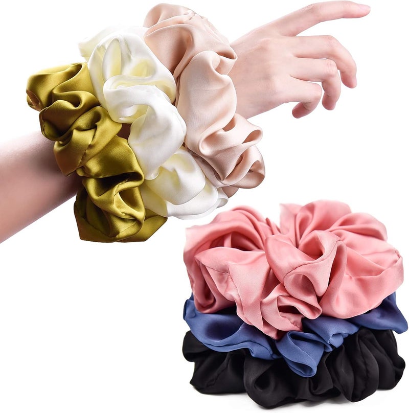 CEELGON Big Real Silk Scrunchies for Women 6.3Inches Large Scrunchie Satin Oversized Silk Thick Elastic Hair Ties Jumbo Hair Scrunchies 6 Pack (Black,White,Pink, Champagne,Navy,Yellow) - Image 1