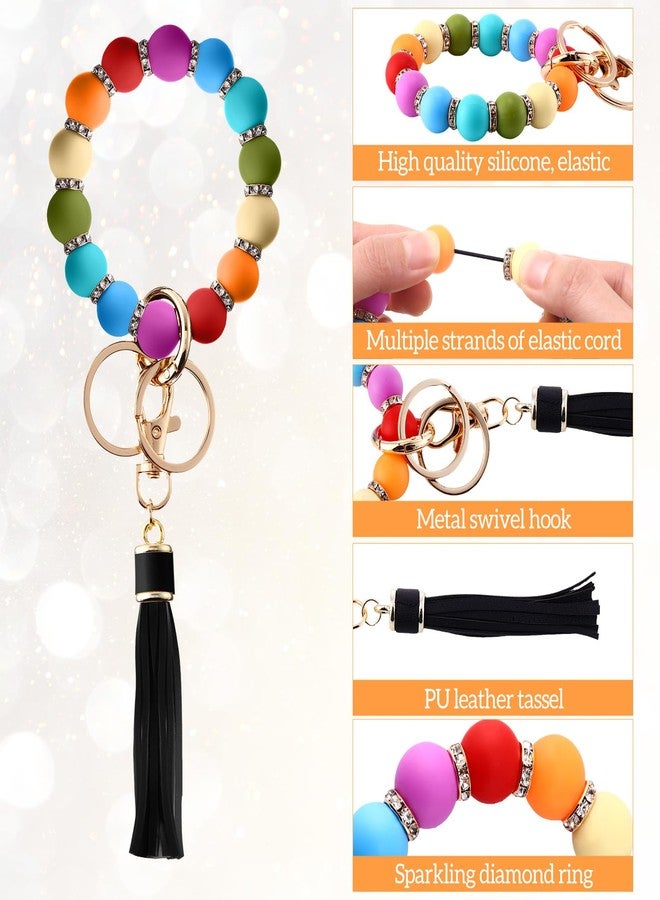 JaGely 5 Pieces Silicone Key Ring Bracelet for Women, 5 Styles Elastic Beaded Wristlet Keychain Key Holder with Zircon and Tassel - Image 3