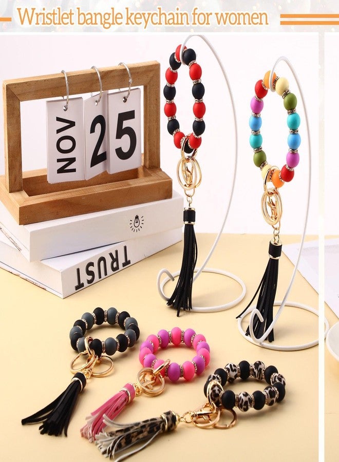 JaGely 5 Pieces Silicone Key Ring Bracelet for Women, 5 Styles Elastic Beaded Wristlet Keychain Key Holder with Zircon and Tassel - Image 4