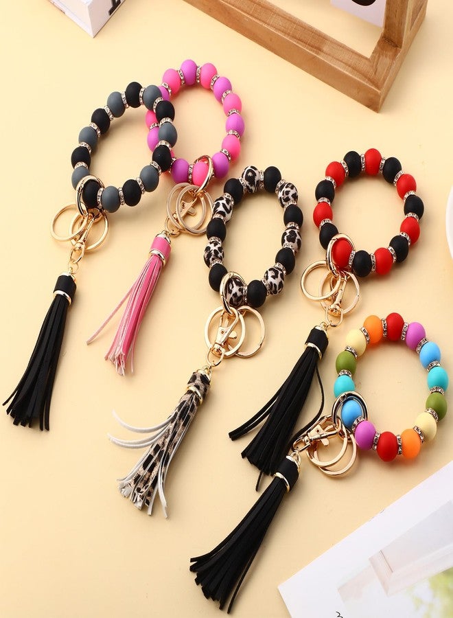 JaGely 5 Pieces Silicone Key Ring Bracelet for Women, 5 Styles Elastic Beaded Wristlet Keychain Key Holder with Zircon and Tassel - Image 5