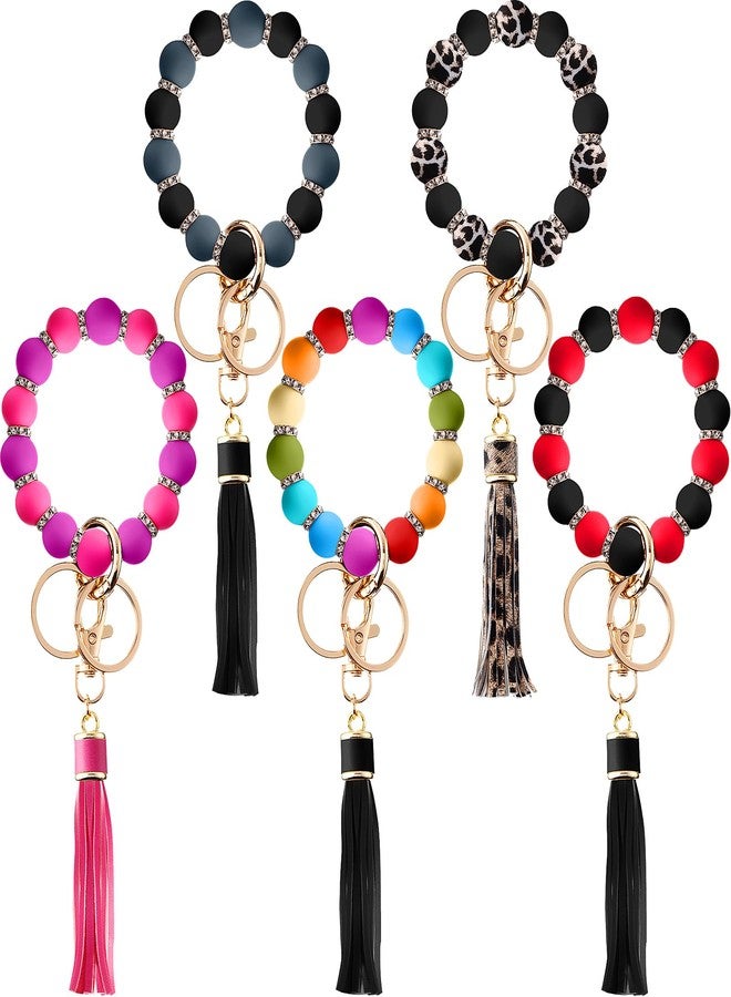 JaGely 5 Pieces Silicone Key Ring Bracelet for Women, 5 Styles Elastic Beaded Wristlet Keychain Key Holder with Zircon and Tassel - Image 1
