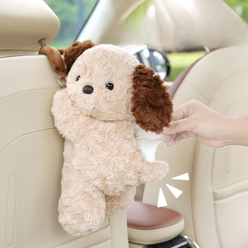 WASTROYAL Plush Puppy Car Tissue Box Holder â€“ Cute Crawling Dog Design, Hanging or Dashboard Use, Soft Style Organizer for Vehicle Interior (White Dog) - Image 5