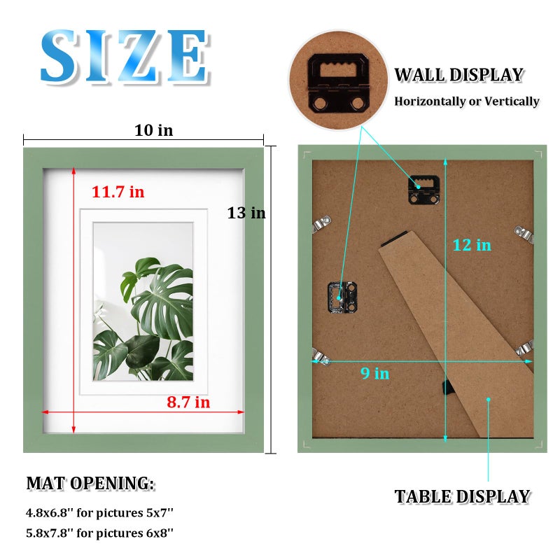 Egofine 9x12 Picture Frame Made of Solid Wood Covered by Plexiglass  Wood Frame for Pictures 5x7/6x8 with Mat or 9x12 without Mat  Tabletop and Wall Mounting Display  Green - Image 3