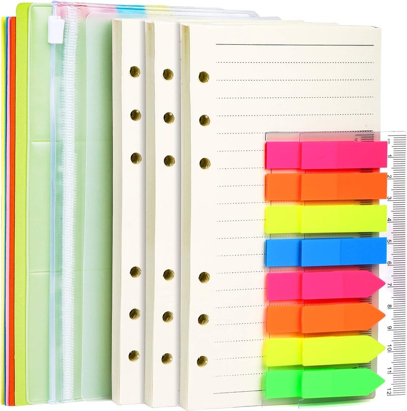 LEOBRO A6 Refill Paper, 3 Pack 45PCS A6 6 Ring Loose Leaf Paper, 2 Pack 160PCS Neon Page Markers, with Binder Pockets & Binder Dividers, A6 Lined Paper Refills for A6 Binder Planner Notebook Journal - Image 1