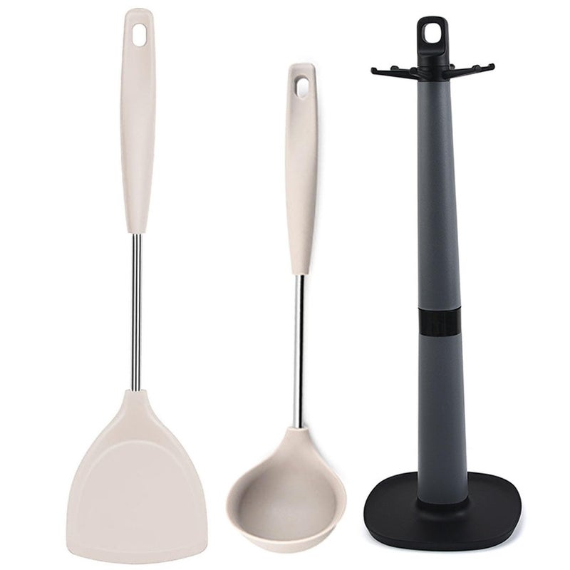 P-Plus International PPlus International Karchi for Cooking Ladles for Cooking Soup Ladle Spatula Set for Non Stick Pan Silicone Spatula Set Spectualla for Kitchen Karandi Stand for Kitchen Set of 3 Cream - Image 1