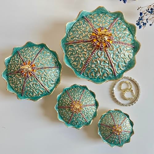 SIWOT Crown Design Jewelry Chest,Creative Vintage Metal Round Storage Box,Alloy Retro Patterned Gem Case (Golden Blue, Small) - Image 5
