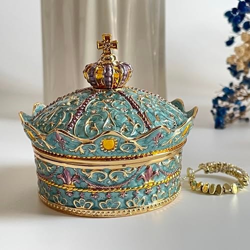 SIWOT Crown Design Jewelry Chest,Creative Vintage Metal Round Storage Box,Alloy Retro Patterned Gem Case (Golden Blue, Small) - Image 2