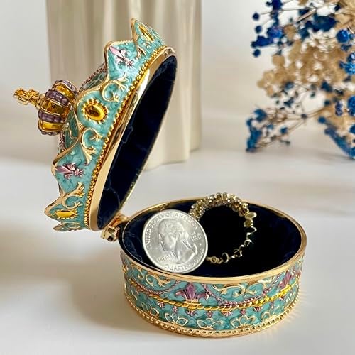 SIWOT Crown Design Jewelry Chest,Creative Vintage Metal Round Storage Box,Alloy Retro Patterned Gem Case (Golden Blue, Small) - Image 4