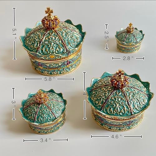 SIWOT Crown Design Jewelry Chest,Creative Vintage Metal Round Storage Box,Alloy Retro Patterned Gem Case (Golden Blue, Small) - Image 3