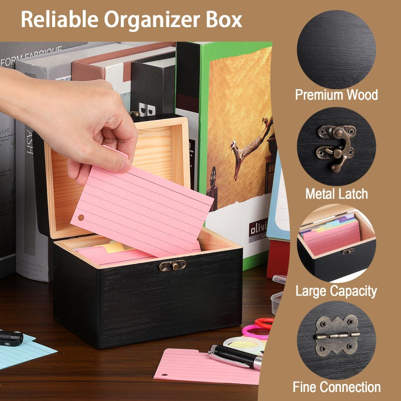 BTSKY Wooden Index Card Holder - 3X5 Inch Notecard Box Recipe Organizer with 150 Cards & 8 Buckle Rings, Wood Index Card Case for Office Desk Recipe Notecard Storage Box, Photo Holder Organizer, Black - Image 4