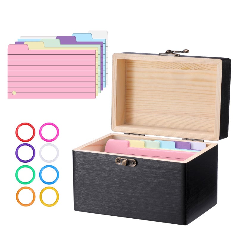 BTSKY Wooden Index Card Holder - 3X5 Inch Notecard Box Recipe Organizer with 150 Cards & 8 Buckle Rings, Wood Index Card Case for Office Desk Recipe Notecard Storage Box, Photo Holder Organizer, Black - Image 1