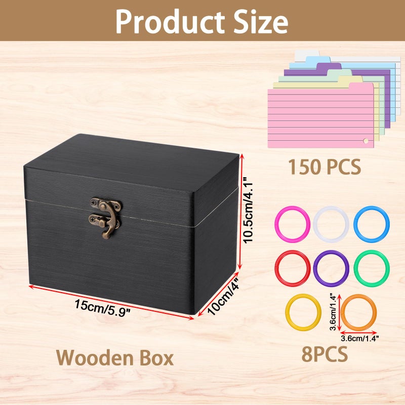 BTSKY Wooden Index Card Holder - 3X5 Inch Notecard Box Recipe Organizer with 150 Cards & 8 Buckle Rings, Wood Index Card Case for Office Desk Recipe Notecard Storage Box, Photo Holder Organizer, Black - Image 3