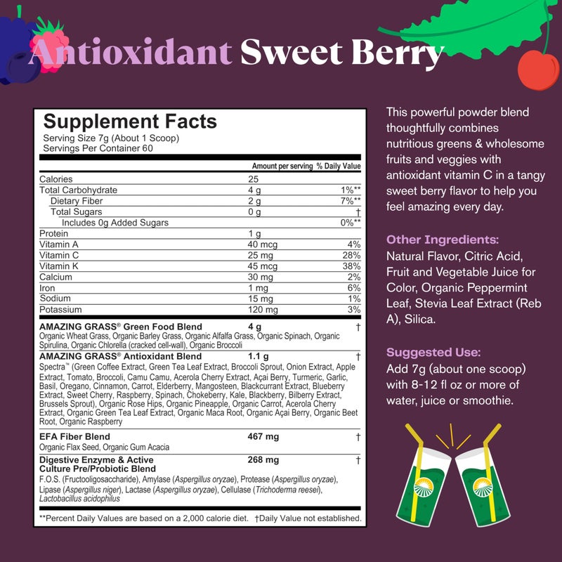 Amazing Grass Greens Superfood Antioxidant: Greens Powder with Organic Spirulina, Beet Root Powder, Elderberry & Probiotics, Sweet Berry, 60 Servings (Packaging May Vary) - Image 4