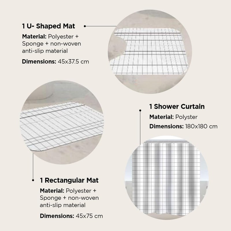 Umai UMAI Shower Curtain (180X180 cm) & Bathmat 3 Pcs Set|6ft|Creative Vibrant Coloured Polyster Curtain Sets with Non-Slip Bath mats for Bathroom|Easy-Slide Curtains|Quick Dry,Soft Mats  - Image 3